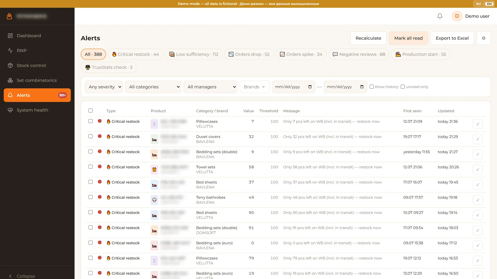Alert feed with type chips, traffic-light severities and review popup