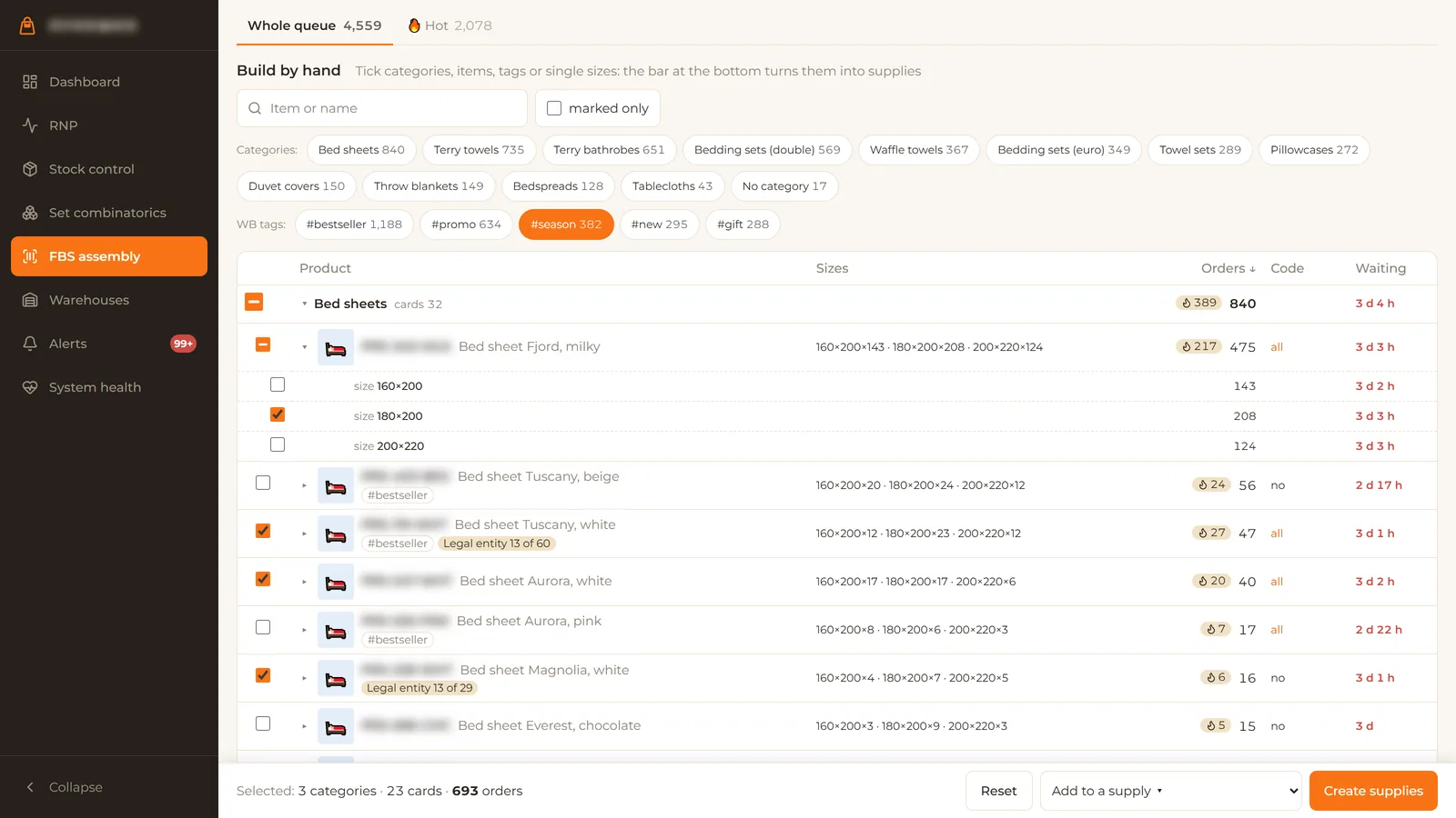 FBS queue: a tree of categories, product cards and sizes with checkboxes and a selection bar