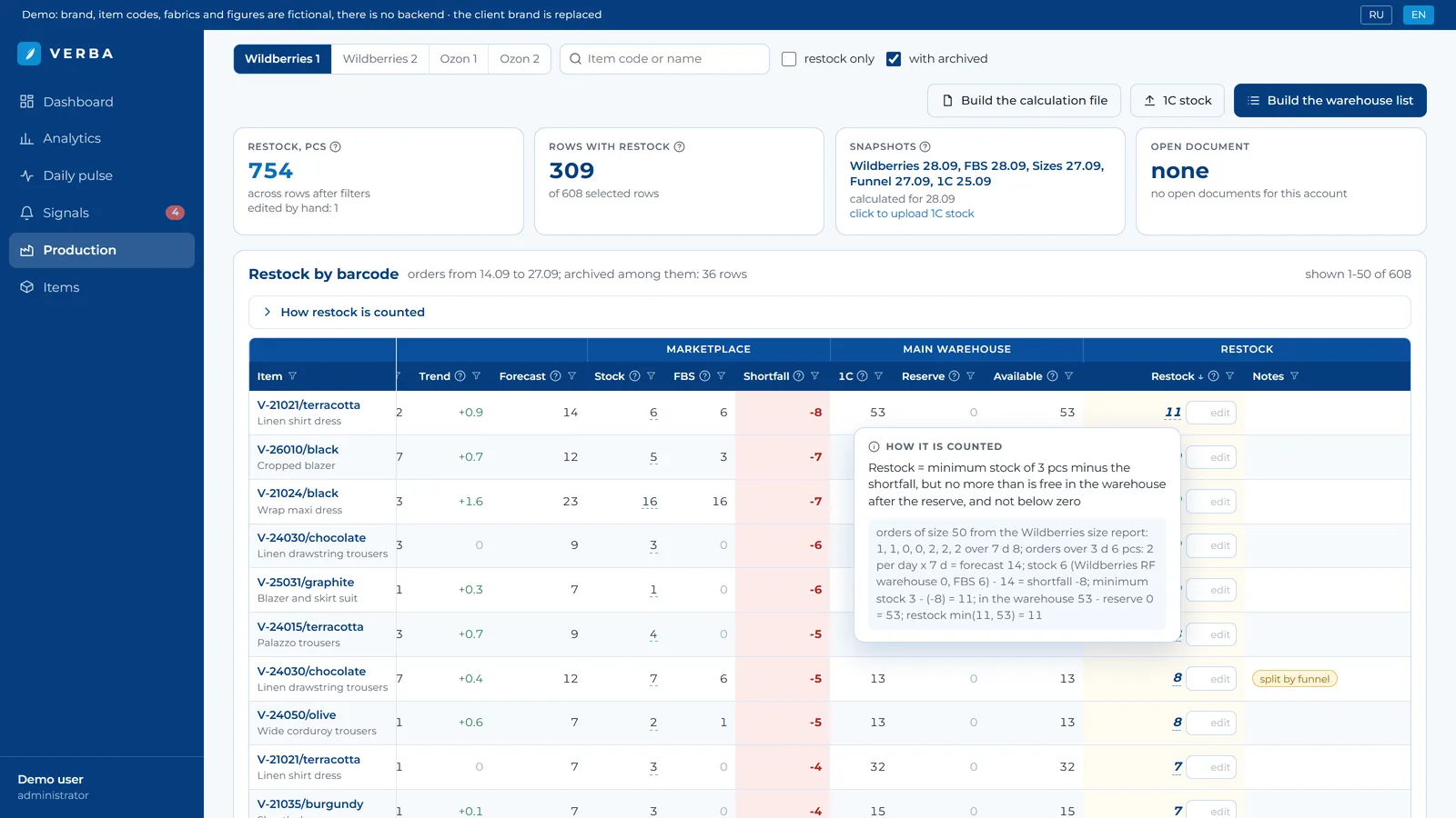 Restock by barcode: daily orders, marketplace and warehouse stock, shortfall and restock with a how-it-is-counted card