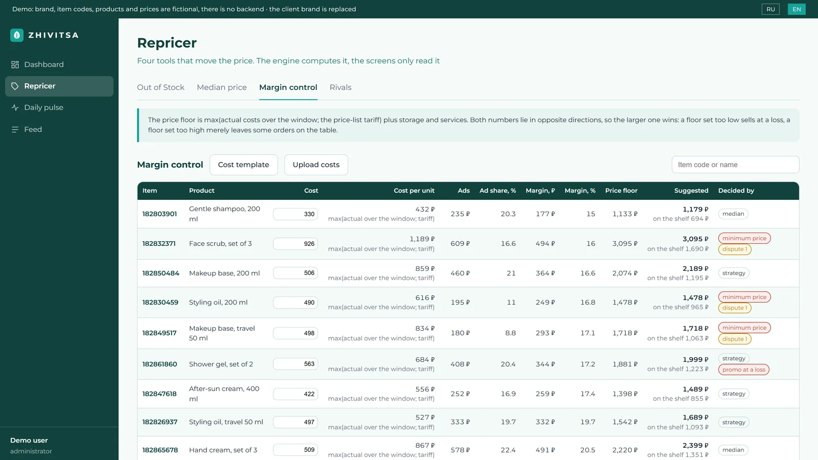 The margin control tab: cost in the cell, cost per unit with its source, margin and the price floor