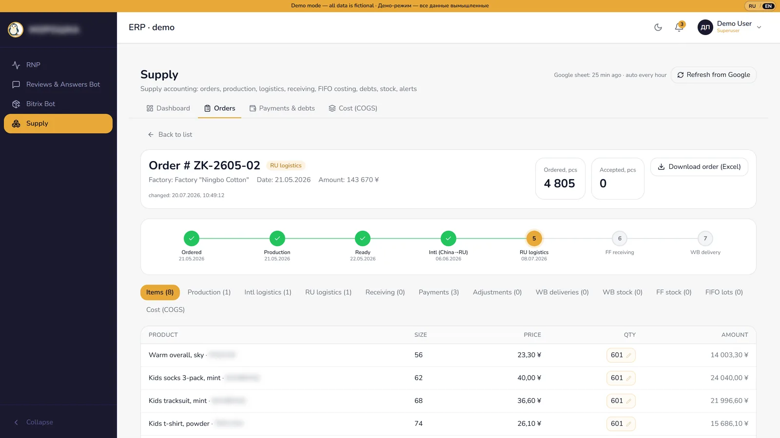 Factory order card with items, payments and stage timeline