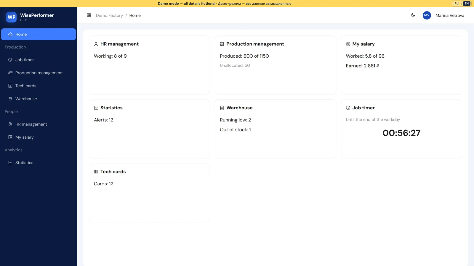 Main dashboard with module widgets